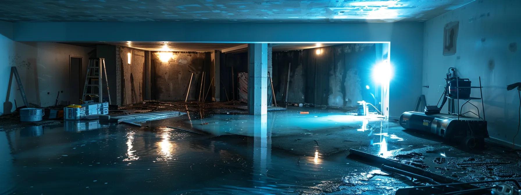a detailed interior shot of a modern chicago basement undergoing waterproofing, with professional equipment and visible water damage being addressed, illuminated by bright construction lights to emphasize the clarity of the ongoing work.