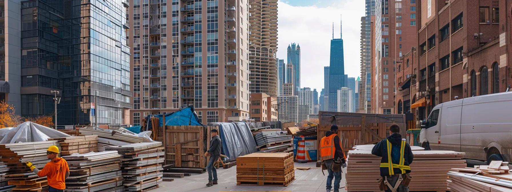 a detailed view of a chicago neighborhood showing a construction site with waterproofing materials and contractors discussing plans, emphasizing the urban architectural diversity amid tall buildings.