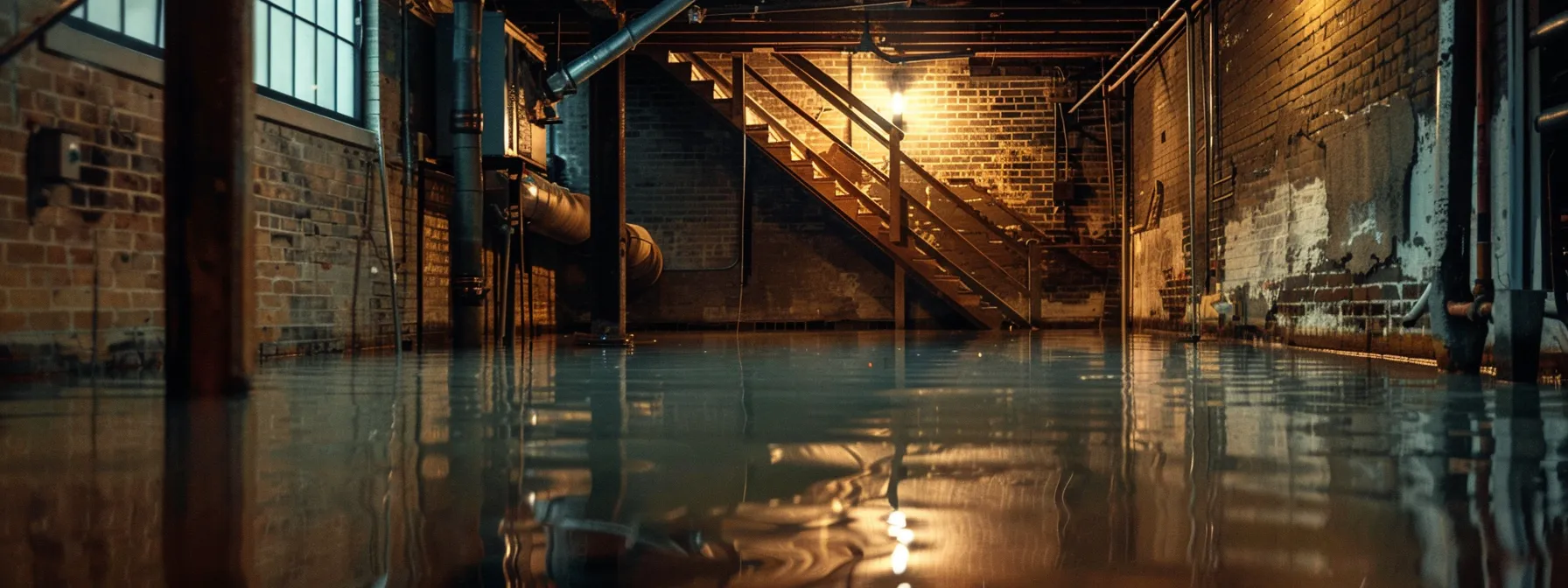 a dramatic shot of a chicago basement flooded with water, emphasizing the urgent need for effective waterproofing solutions against a backdrop of iconic city architecture.