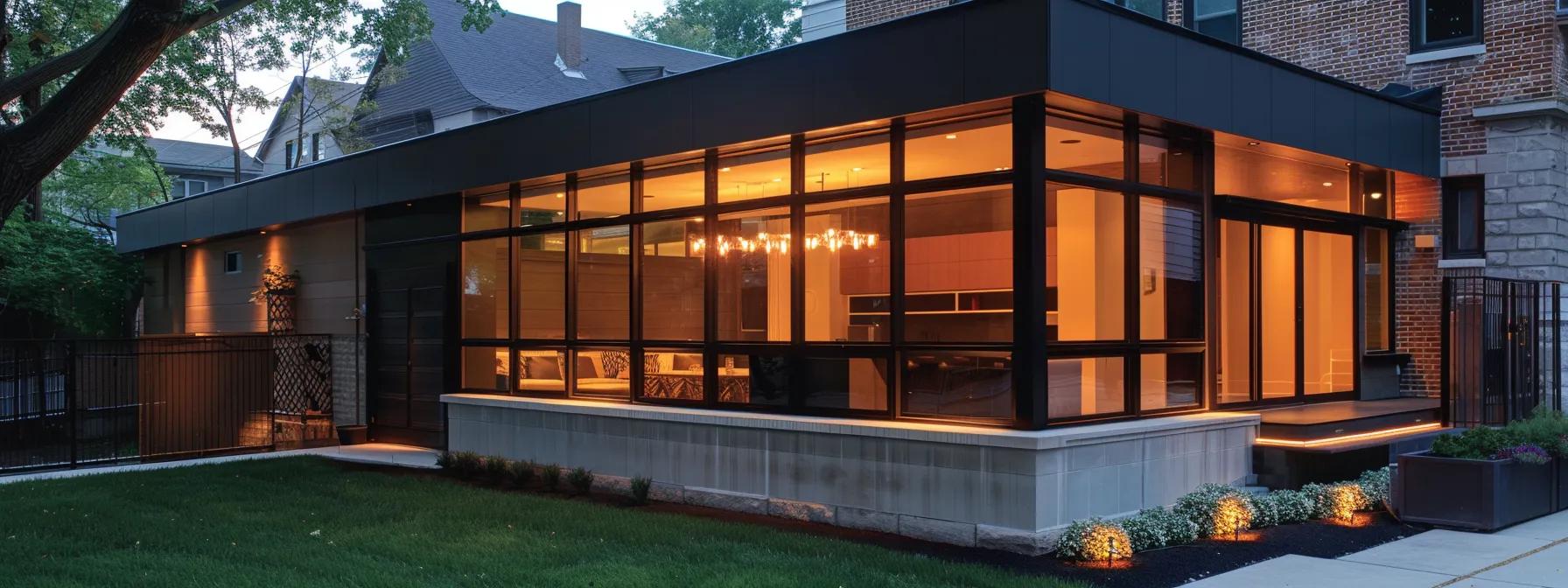 a modern chicago basement reflects the contrast between interior and exterior waterproofing, featuring a sleek, well-lit space showcasing cutting-edge waterproofing solutions on one side and a stark, unfinished exterior wall visible through a partially open window, highlighting the complexities of cost and installation.