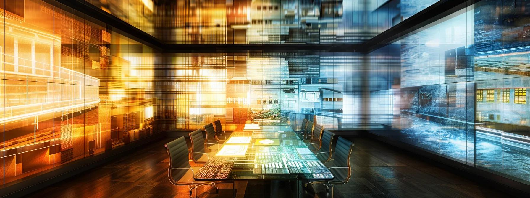 a modern chicago office, featuring a sleek conference table surrounded by financial planning documents, with images of waterproofing projects on the walls, illuminated by warm artificial light to emphasize a professional and collaborative atmosphere.