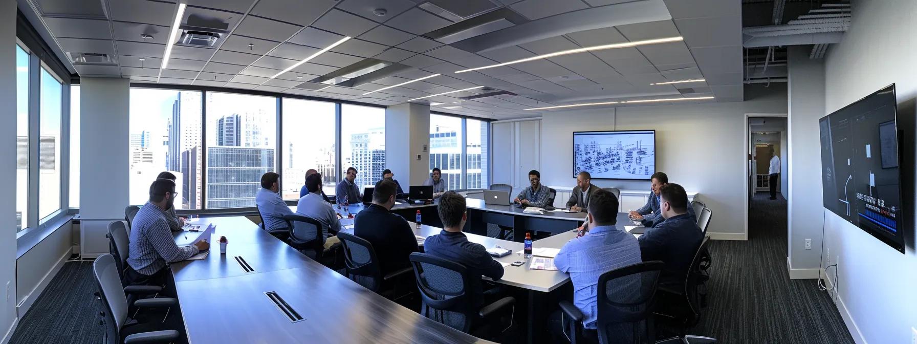 a modern chicago office with a confident contractor presenting detailed waterproofing project plans on a sleek conference table, surrounded by supportive team members analyzing credentials and quotes.