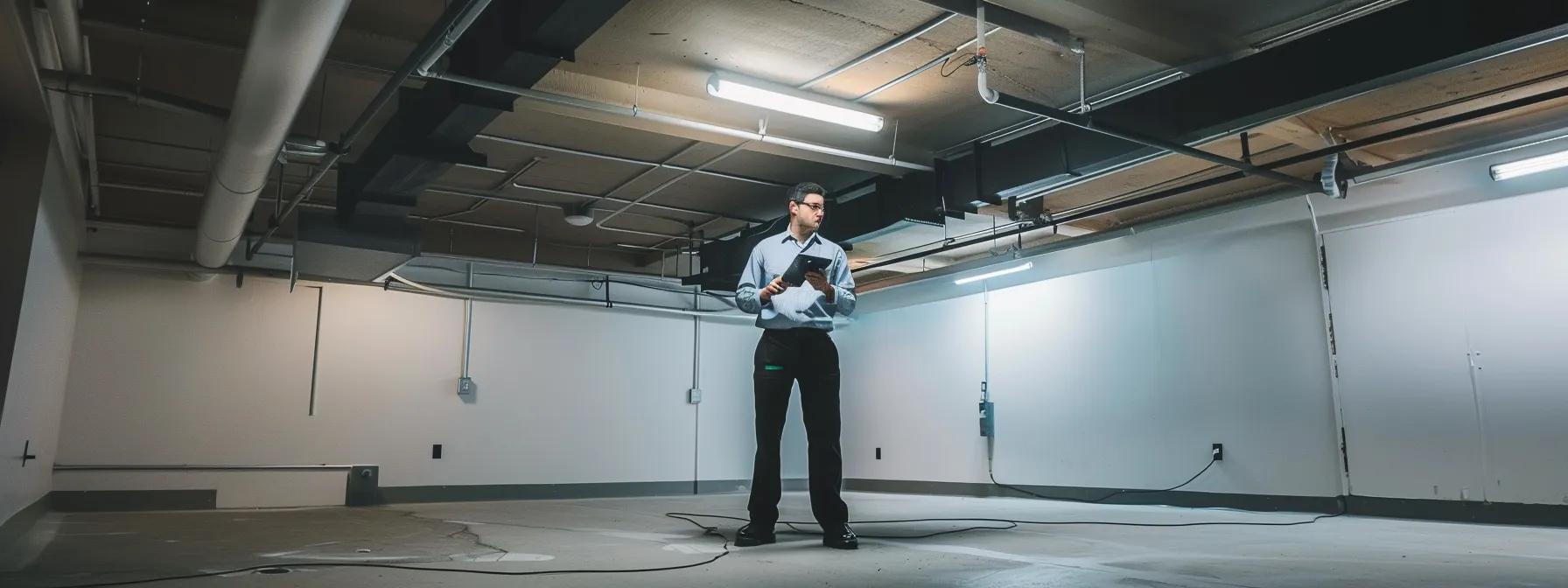 a professional inspector in a sleek, modern chicago basement, using advanced tools to assess the integrity of a waterproofing project, illuminated by sharp, overhead led lighting that highlights the pristine walls and fixtures.