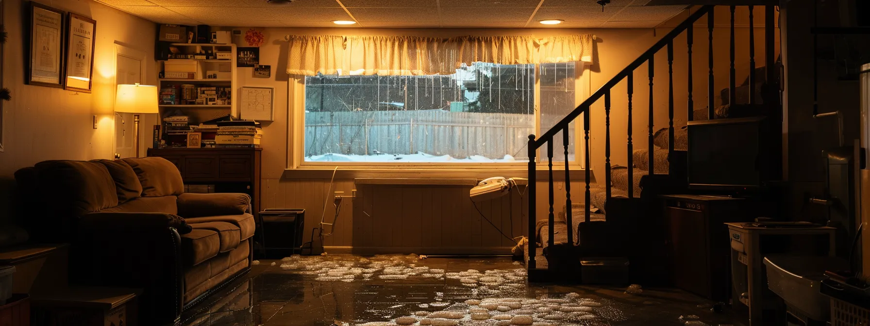 a serene chicago basement, impeccably dry and well-insulated, showcases the effectiveness of waterproofing solutions against the backdrop of heavy rain and snowmelt outside the window, reflecting a secure and protected home environment.