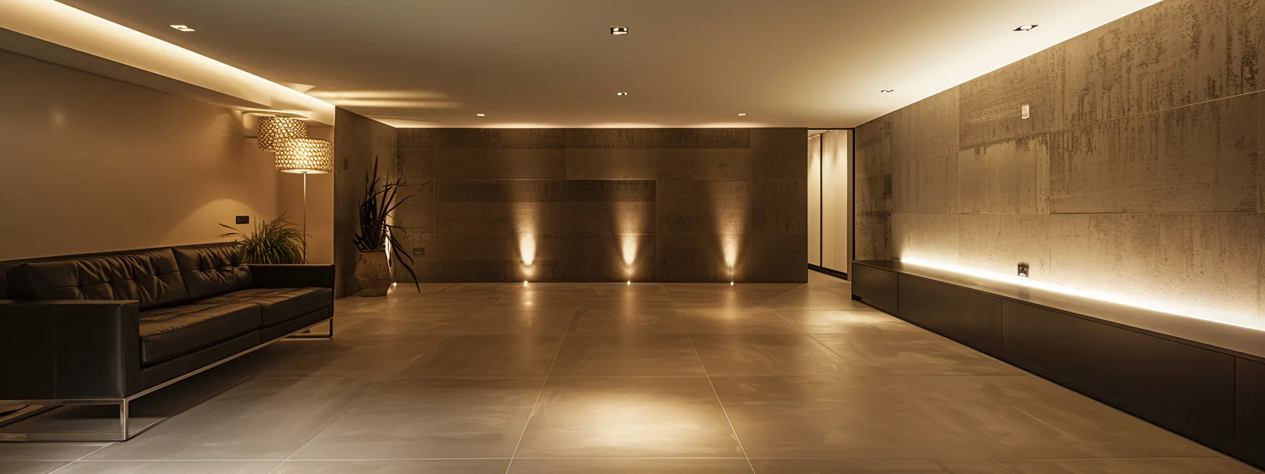 a sleek, modern basement with impeccably sealed walls and a dry, gleaming floor showcases the effectiveness of professional sealing services, illuminated by soft, ambient lighting that highlights the pristine environment.