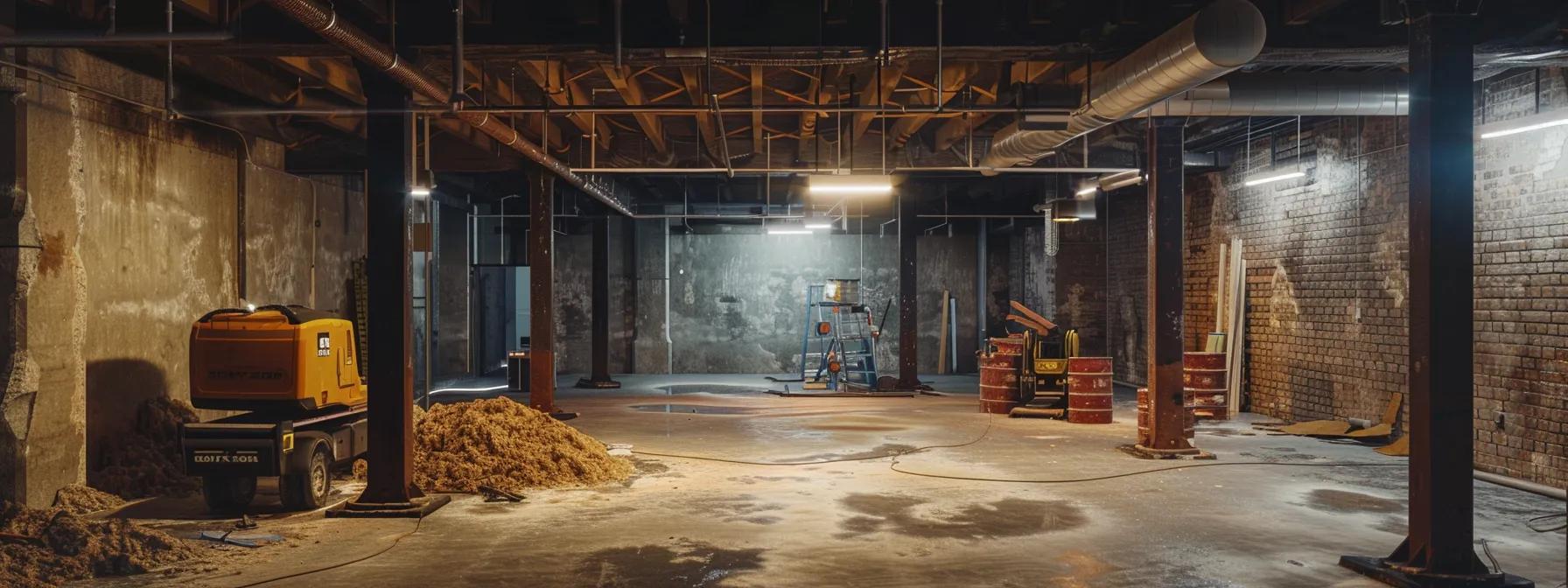 a sleek, modern chicago basement undergoing waterproofing renovations, showcasing advanced equipment and workers efficiently addressing moisture issues, illuminated by bright, focused overhead lights for a professional atmosphere.