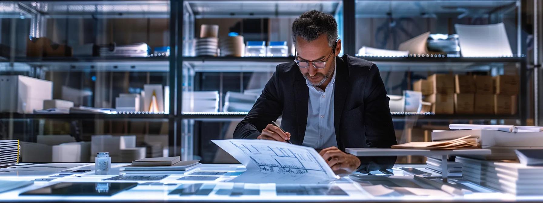 a sleek, modern chicago office with a confident architect analyzing waterproofing blueprints on a digital tablet, surrounded by samples of various materials, bathed in focused, artificial lighting that highlights the intricate details of the designs.