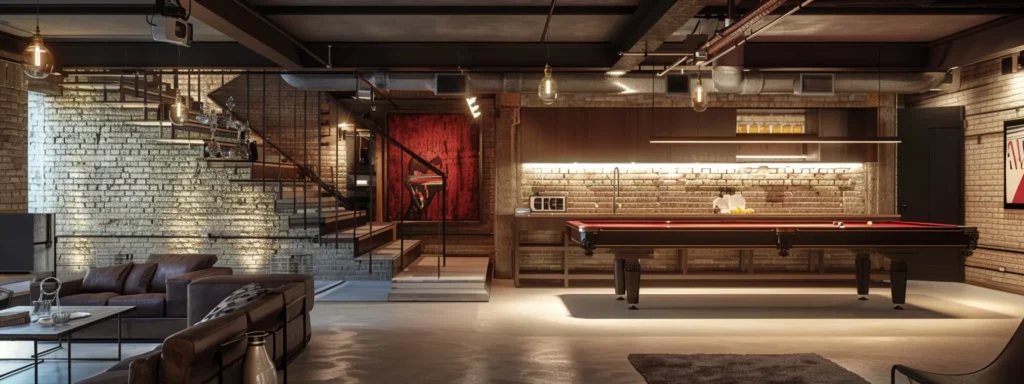 a tranquil chicago basement, shimmering with fresh waterproofing solutions, showcases a perfect blend of modern technology and classic architecture under soft, ambient lighting.