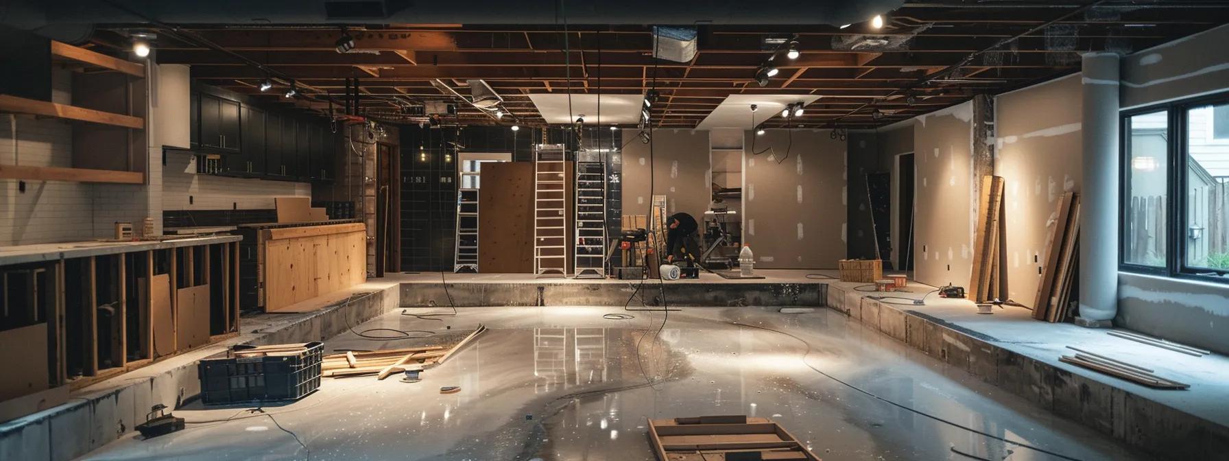 a well-lit, modern chicago basement undergoing waterproofing, showcasing various professional equipment and a contractor inspecting the foundation, emphasizing the importance of high-quality methods and professional expertise in home improvement.