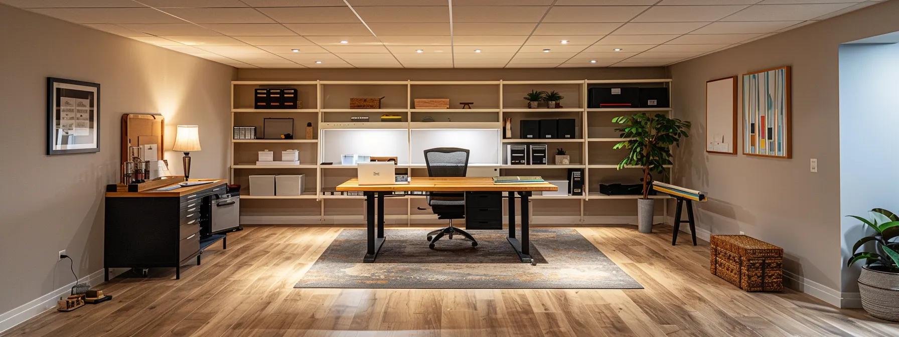 a well-lit, modern basement renovation workspace in chicago featuring high-quality waterproofing materials and professional tools, emphasizing meticulous craftsmanship and a commitment to long-lasting home protection.