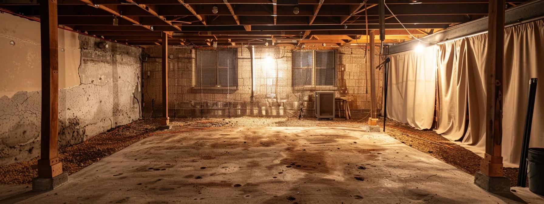 a well-lit basement showcasing a professional waterproofing setup with advanced equipment, signs of recent renovation, and clear contrast between damp and dry sections of the walls, conveying a sense of effectiveness and home improvement.