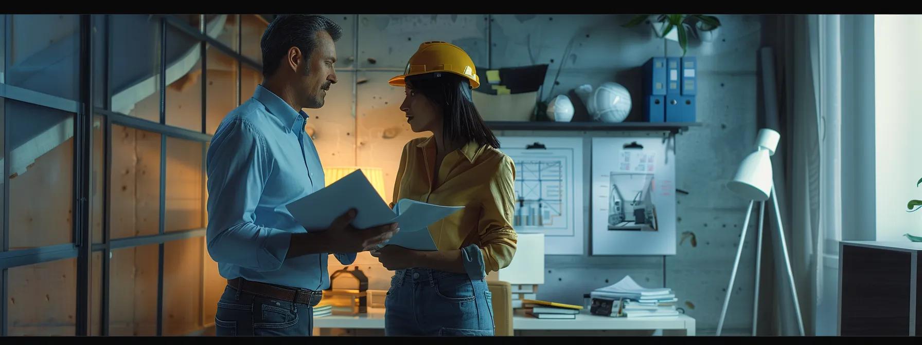an urban basement waterproofing consultation scene, featuring a professional contractor discussing property-specific factors with a homeowner in a well-lit, modern office adorned with waterproofing diagrams and project samples.