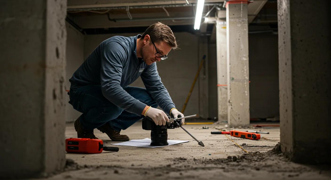 a professional interior setting in a chicago home features a focused expert inspecting a home's foundation issues, using precise tools to differentiate between minor settling signs and serious damage, illuminated by bright overhead lights that emphasize the urgency of the analysis.