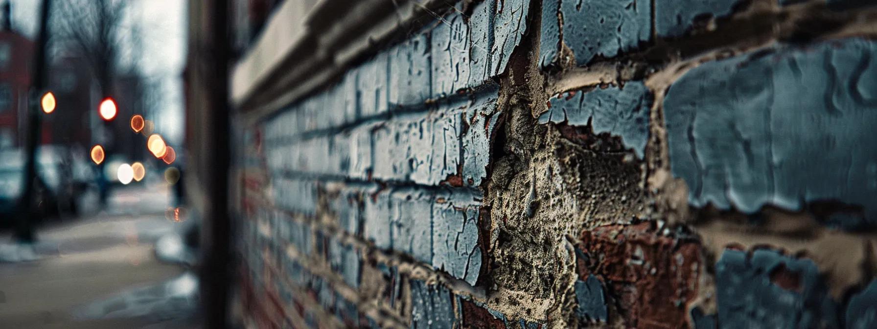 a close-up shot of a chicago home's exterior, highlighting distinct cracks in the brick facade and discolored paint, set against a backdrop of a bustling urban street, emphasizing the urgent need for foundation inspection.