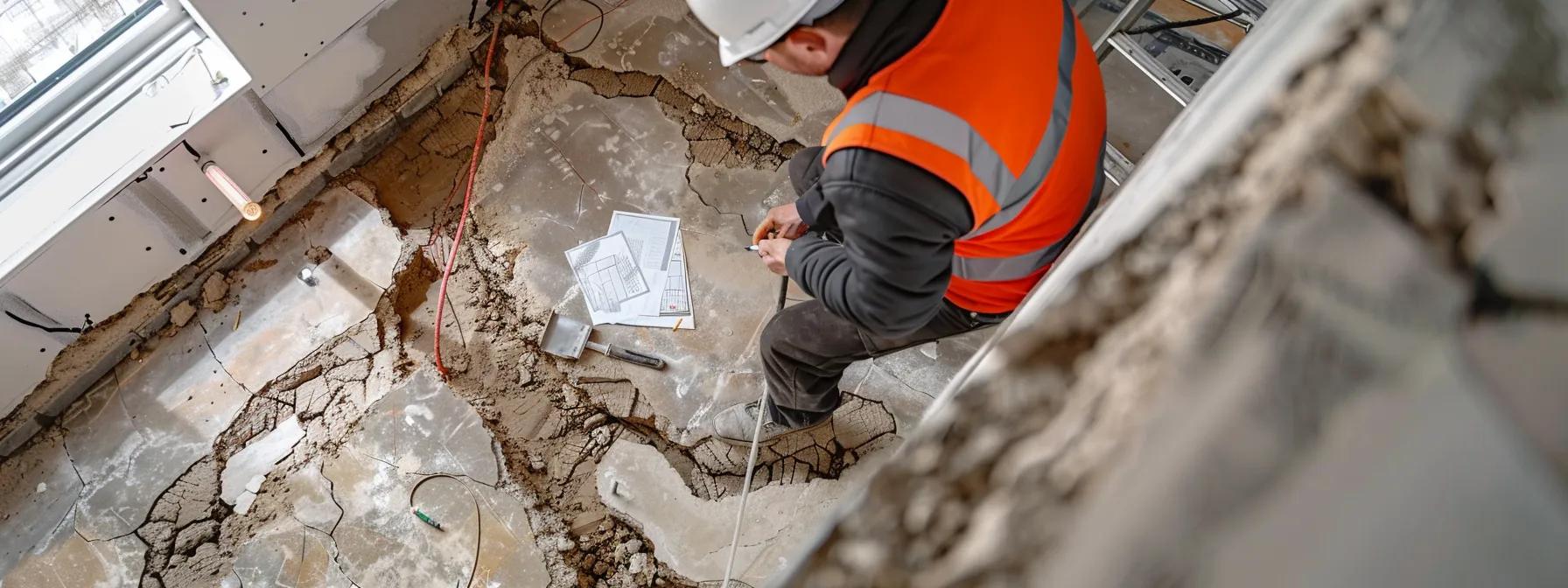 a focused, professional interior view of a modern chicago property, showcasing a contractor carefully inspecting visible foundation cracks while using advanced assessment tools, surrounded by detailed documentation and diagnostic equipment.