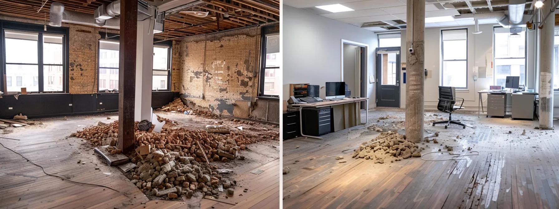 a meticulously staged interior of a chicago property, showcasing visibly distressed walls, uneven floors, and misaligned door frames, highlighting the critical signs of foundation issues in a well-lit, modern office setting.