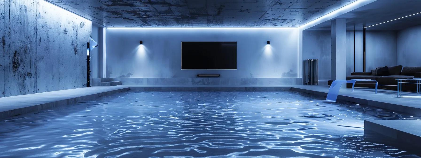 a modern, well-lit basement interior showcases advanced waterproofing techniques, featuring sleek, sealed walls and high-tech equipment visibly managing moisture, emphasizing the importance of effective interior waterproofing solutions.