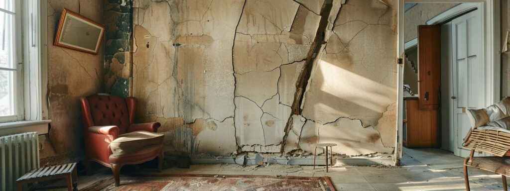 a visually striking interior of a distressed chicago home reveals evident cracks in the walls and floors, showcasing the urgent need for foundation repair amidst a modern urban backdrop.