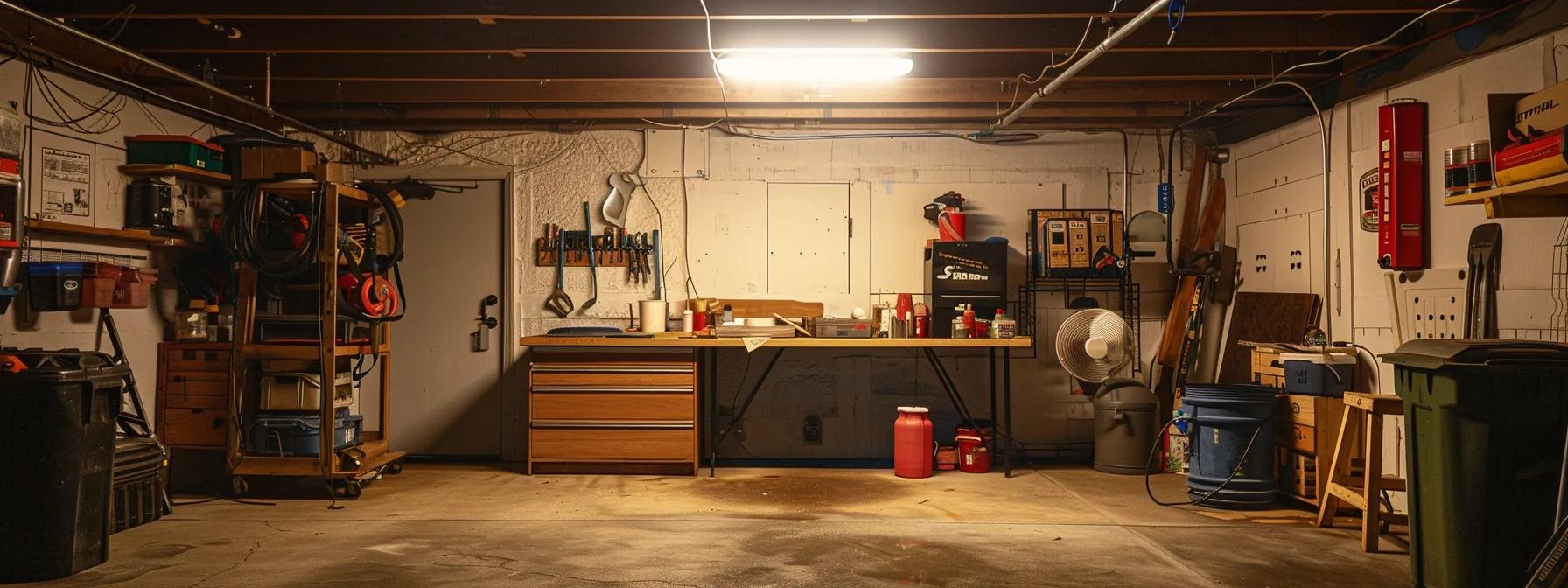 a well-organized basement workspace is illuminated by bright overhead lights, showcasing a homeowner diligently applying waterproofing sealant to a concrete wall, surrounded by essential diy tools and materials that emphasize the theme of practical home improvement.
