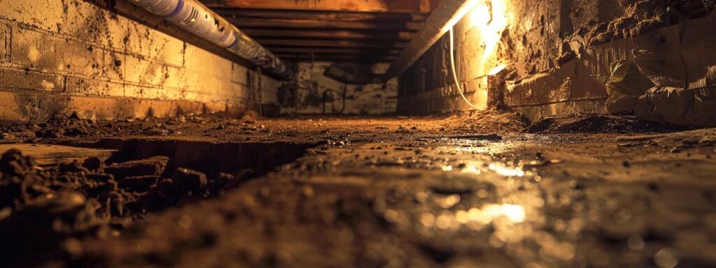an illuminated, meticulously organized crawl space reveals a striking contrast between the dark, damp corners and the clear signs of foundation distress, showcasing water damage and structural concerns that highlight the importance of early detection for effective repairs.
