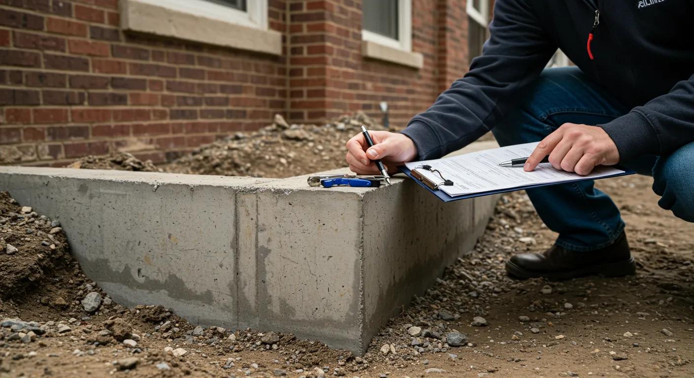 a close-up shot of a sturdy chicago foundation being inspected by a professional, with a clipboard and tools set against the backdrop of a typical urban brick home, effectively illustrating the importance of understanding localized foundation issues.