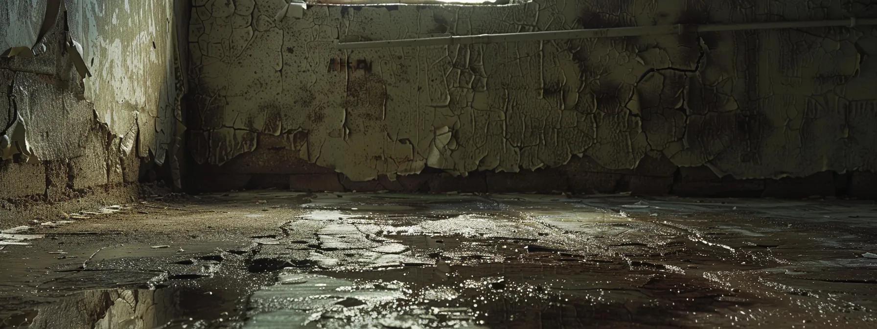 a detailed view of a dimly lit basement showcasing various moisture entry points, such as cracks in the foundation and poorly sealed windows, with an emphasis on contrasting textures highlighting the need for effective moisture solutions.