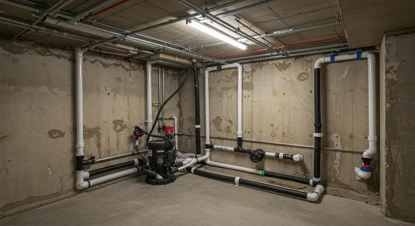 a sleek, modern chicago basement showcases a robust sump pump system and expertly installed drainage channels, visually emphasizing advanced waterproofing solutions against a backdrop of exposed foundation walls and protective barriers.