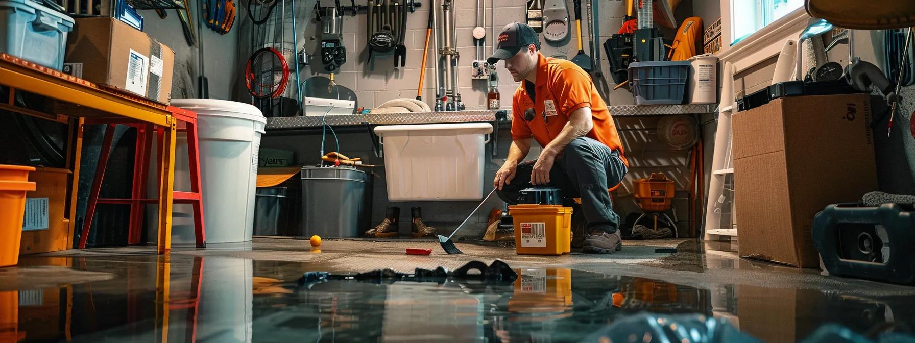 a professional basement environment showcases a technician inspecting a sump pump system, surrounded by tools and waterproofing materials, emphasizing the importance of regular maintenance and proactive flood protection.