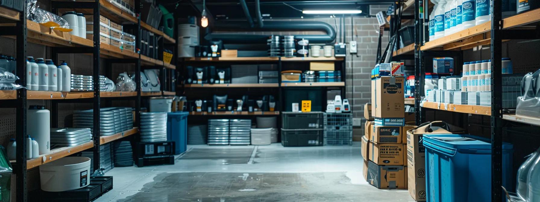 a well-lit urban basement setting showcases a meticulously organized display of various waterproofing materials, such as sealants and drainage systems, highlighting their effectiveness in combating moisture for chicago homes.