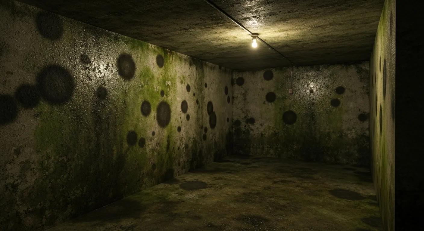 A stark image of a damp basement with visible mold growth, serving as a warning of potential health hazards for residents.