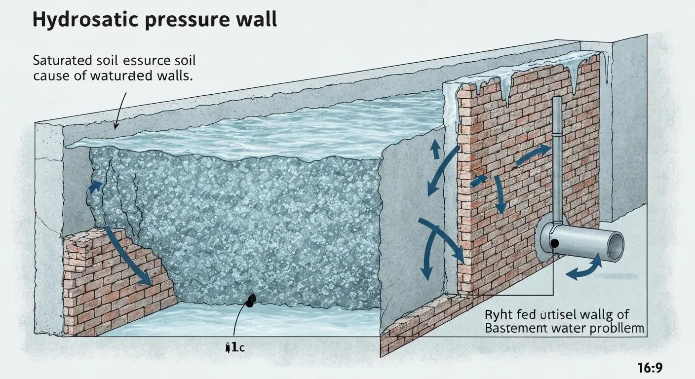 An illustrative diagram depicting hydrostatic pressure exerting force on basement walls due to saturated soil, a common cause of water intrusion.