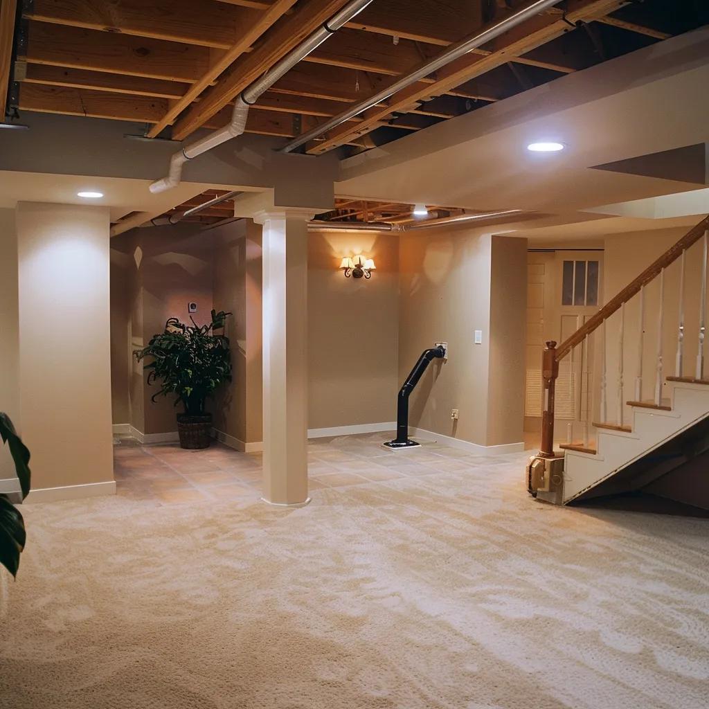 A pristine, dry basement showcasing a modern sump pump and vapor barrier, symbolizing effective moisture control.
