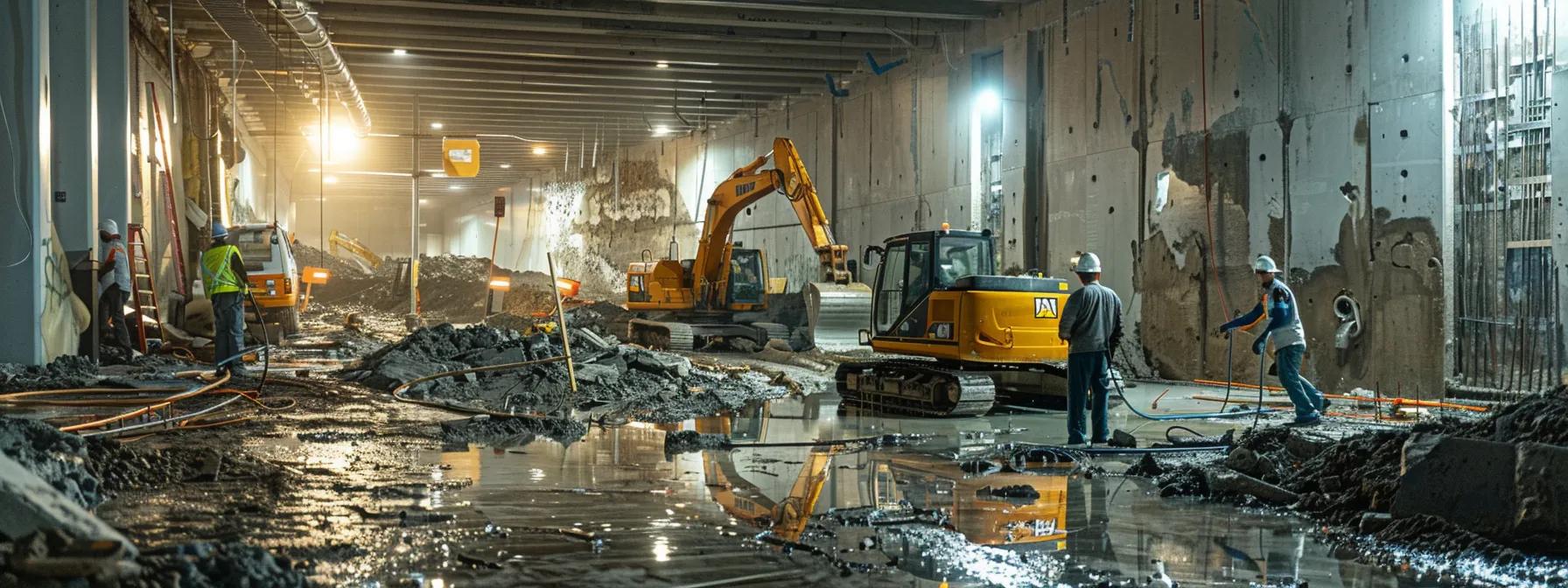 a modern urban basement undergoing waterproofing, featuring workers in protective gear assessing water damage while surrounded by heavy machinery and construction materials, illuminated by bright overhead lights that highlight the intensity of the repair process.