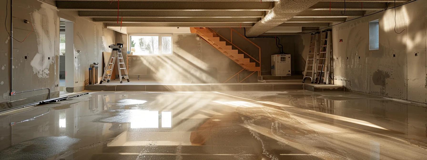 a well-lit, modern basement undergoing professional waterproofing installation showcases advanced equipment and materials, emphasizing the transformation of a vulnerable space into a safe and dry environment.
