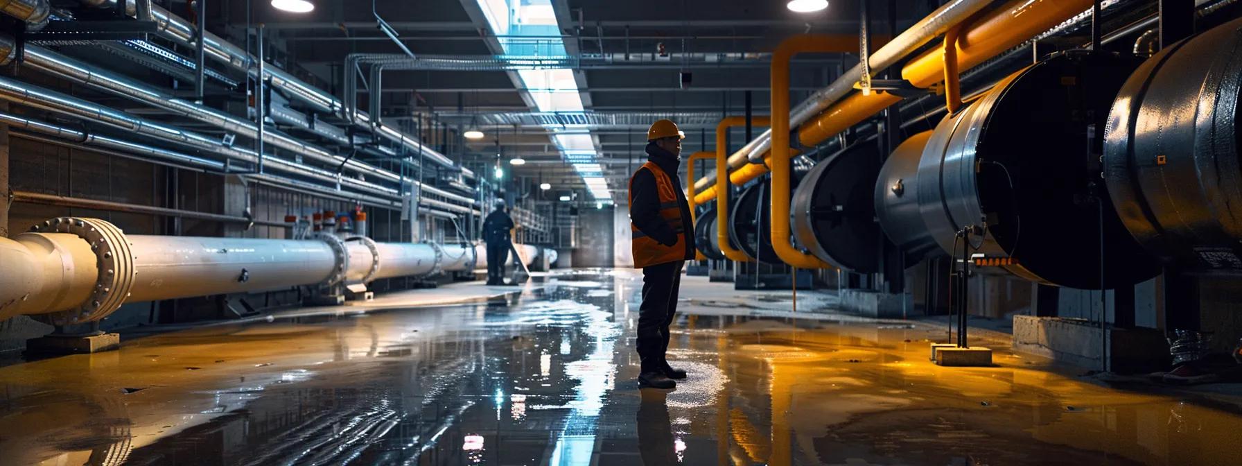 an industrial basement setting showcases a skilled technician inspecting a state-of-the-art interior drainage system, illuminated by bright overhead lights that emphasize the sleek, waterproofing materials and modern tools arranged meticulously around the space.