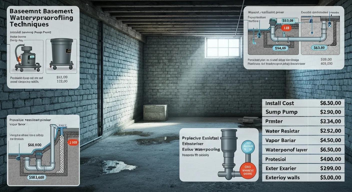 A visual breakdown of basement waterproofing techniques and their associated costs within a basement setting