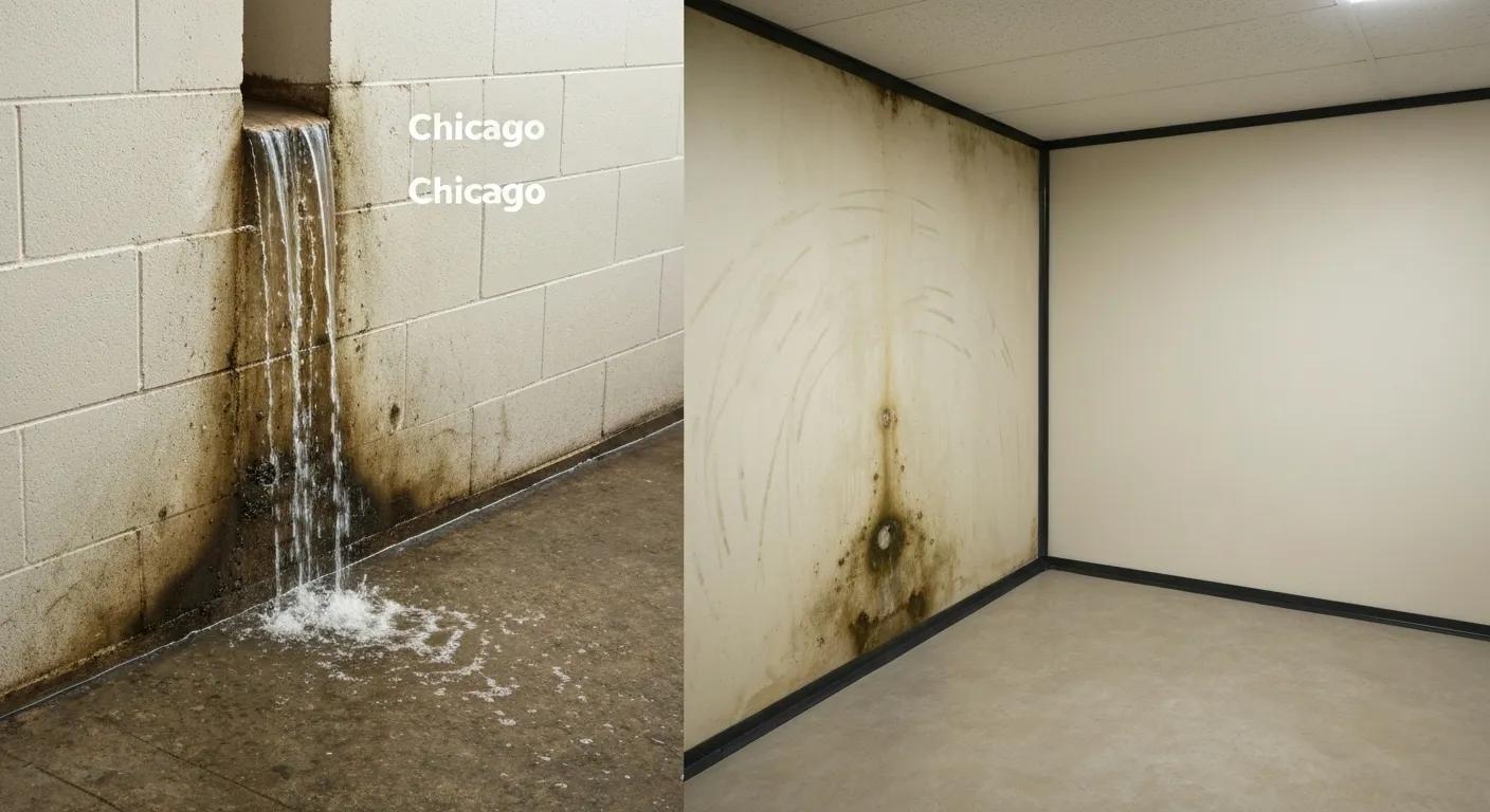 Visual representation of basement waterproofing challenges in Chicago, showing water seepage and a dry basement