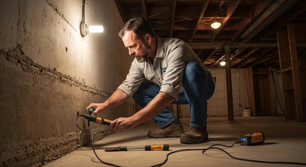Chicago basement waterproofing expert examining a foundation with specialized tools