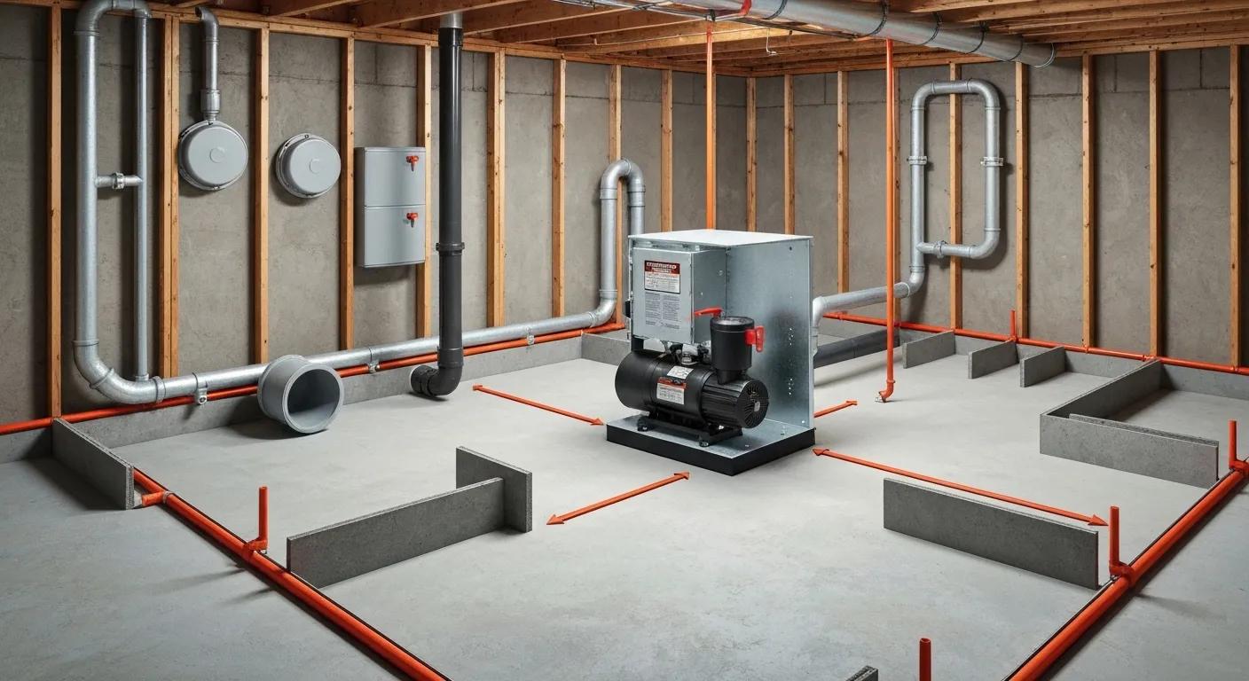 Various basement waterproofing solutions, including drain tiles and sump pumps, are displayed