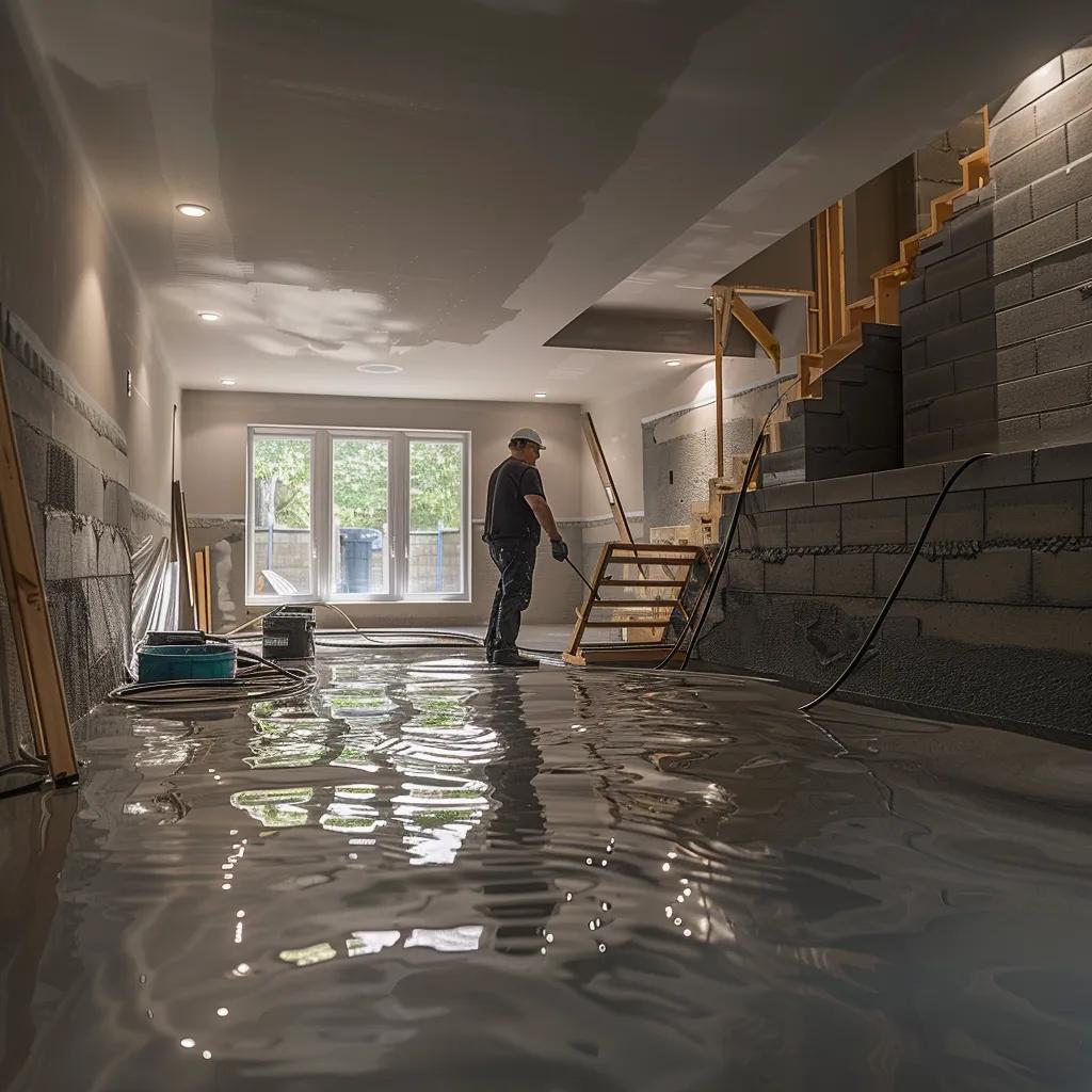 Modern basement waterproofing process with contractor inspecting walls and materials