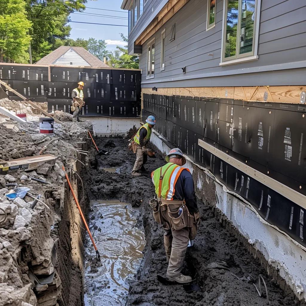 Crew applying a waterproof membrane and installing exterior drain tile during foundation excavation