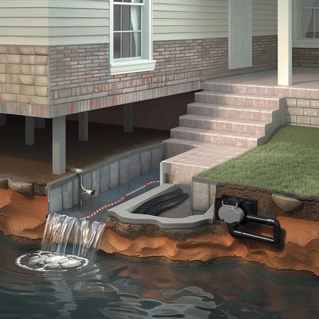 Installed interior French drain and sump pump system operating in a basement